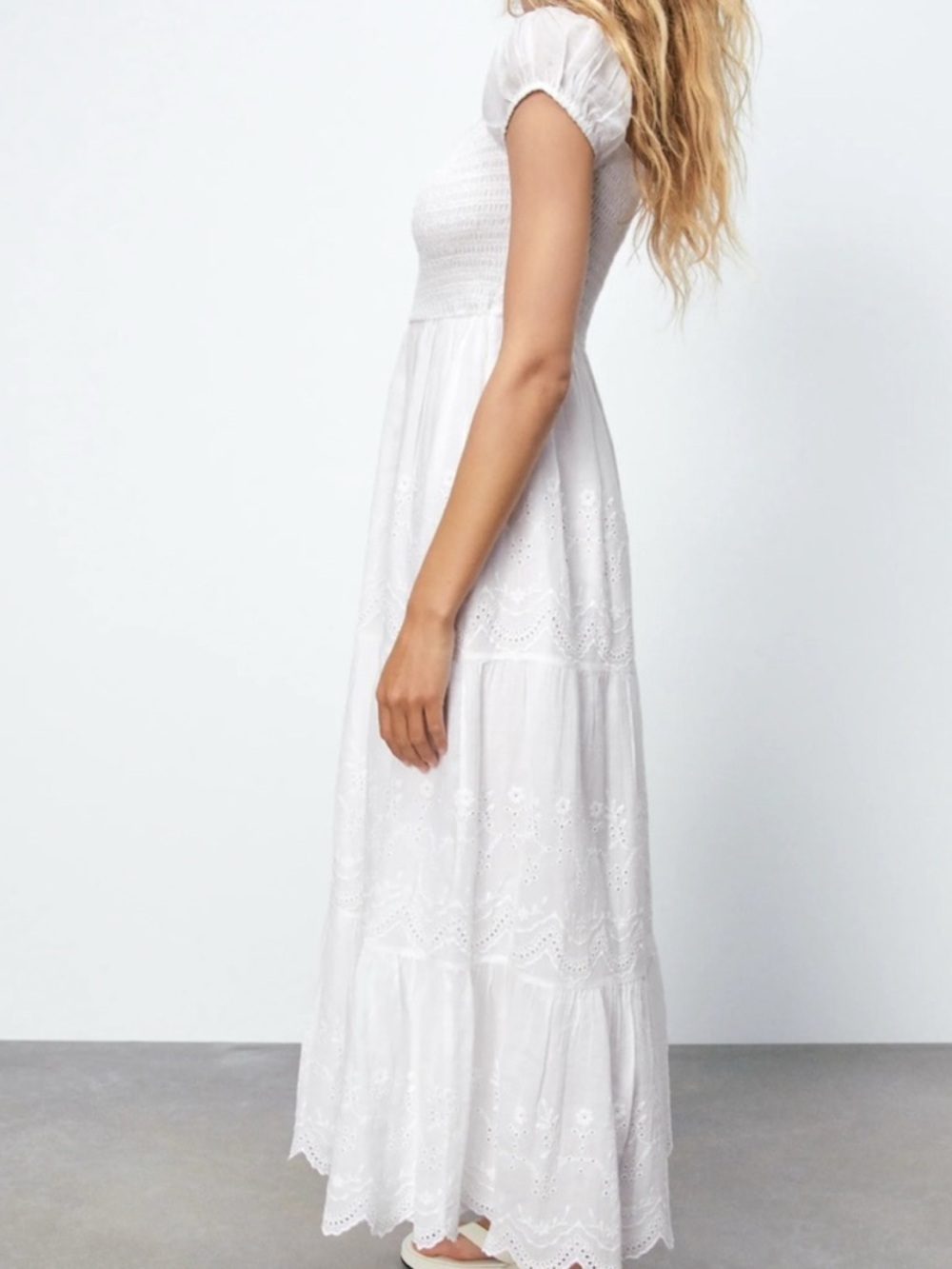 Zara white openwork embroidered maxi dress cottagecore boho size M smocked